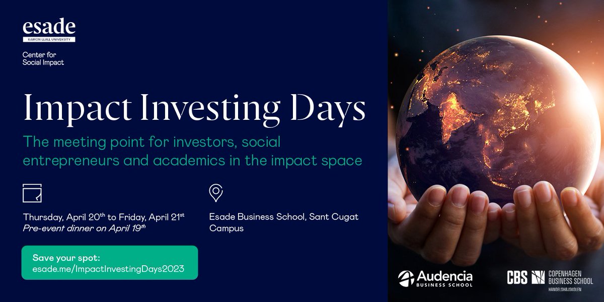 EsadeSocImp's tweet photo. Join us for Impact Investing Days 2023 at @ESADE Business School in Barcelona on April 20-21! Learn from industry experts, network with like-minded professionals, and be inspired to make a positive impact. 
Register now at https://t.co/1ZxwO7l7IA 
#ImpactInvesting https://t.co/6PDd6LIMLv