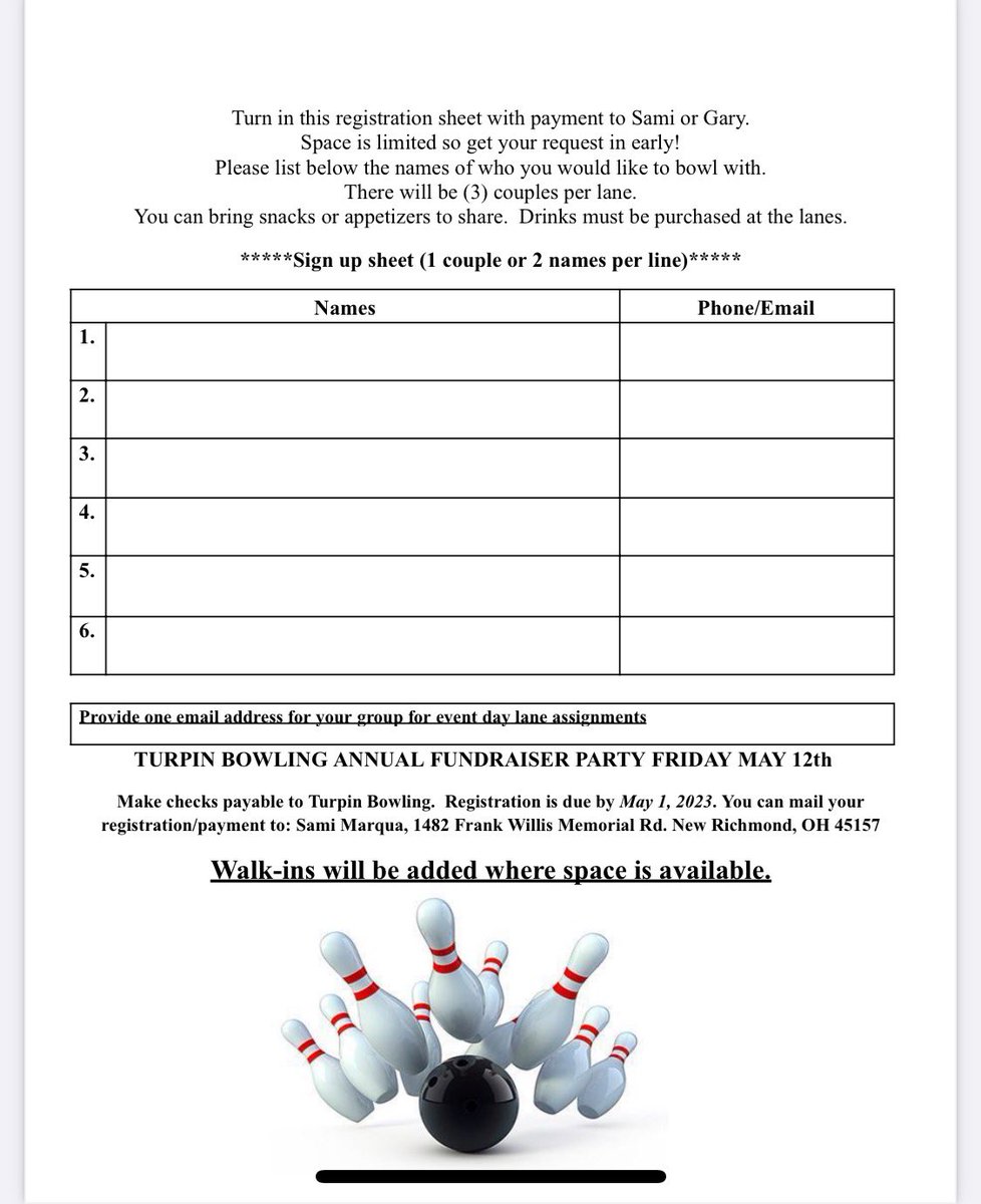 Our annual fundraiser for the bowling teams. We provided ball, bags, shoes for 15 new bowlers last year with your help! <a href="/TurpinSpartans/">Turpin Spartans</a>