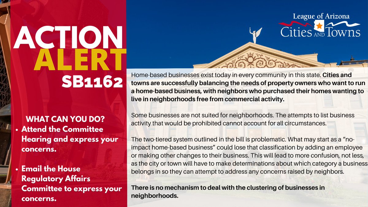 AzCities's tweet image. 🚨#azleg Alert🚨 #SB1162 (home-based businesses; restrictions; prohibition)will be heard in the House Reg Affairs Cmte on Wed @ 2. It would limit municipal authority over businesses w/in residential areas &amp;amp; make it more difficult to manage the needs of adjacent property owners🧵