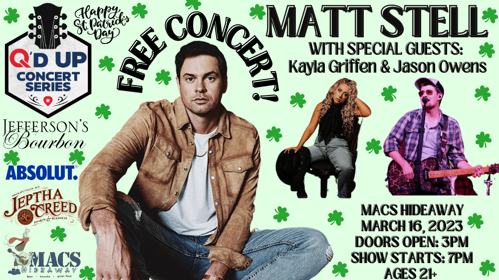 Q1031Louisville's tweet photo. 🎉 Get ready to party with @Matt Stell at @Mac's Hideaway 🎉 He'll be headlining the Q'D Up Concert series and you're invited! 🎶 This FREE concert is the perfect way to kick off your weekend! 🤘 #MattStell #QDUpConcertSeries #MacsHideaway #FreeConcert https://t.co/f2TsY9LTZ3