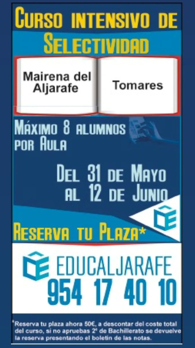 Educaljarafe's tweet photo. 📣📣📣Últimas plazas disponibles para nuestro Curso Intensivo de Selectividad en Educaljarafe 📣📣📣
🔴Del 31 de mayo al 12 de junio🔴
🔴Máximo 8 alumnos por aula🔴
🔵Reserva tu plaza🔵 
Intensivo de #selectividad en #mairenadelaljarafe y en #tomares
☎️954 17 40 10 https://t.co/2buCwKZUWL