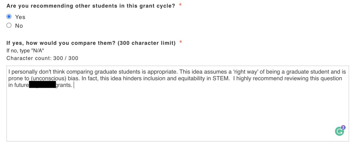 I have applied to this grant multiple times as a grad student and this is the first time I have grad students in my lab applying to it. I cannot believe this is one of their questions for advisors!! I'm seriously considering this answer but worried that it would hurt my students.