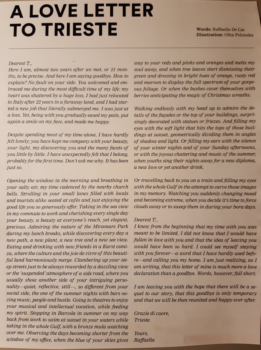 VanessaSantoni's tweet photo. Mi permetto di consigliarvi questo bellissimo articolo scritto in inglese da @Raffa_De_Lia, è una commovente dichiarazione d'amore dedicata alla città di #Trieste 💙, sono certa che molte persone (inclusa me) si ritroveranno nelle parole di Raffaella! 👏 https://t.co/yoXQpYj7ai