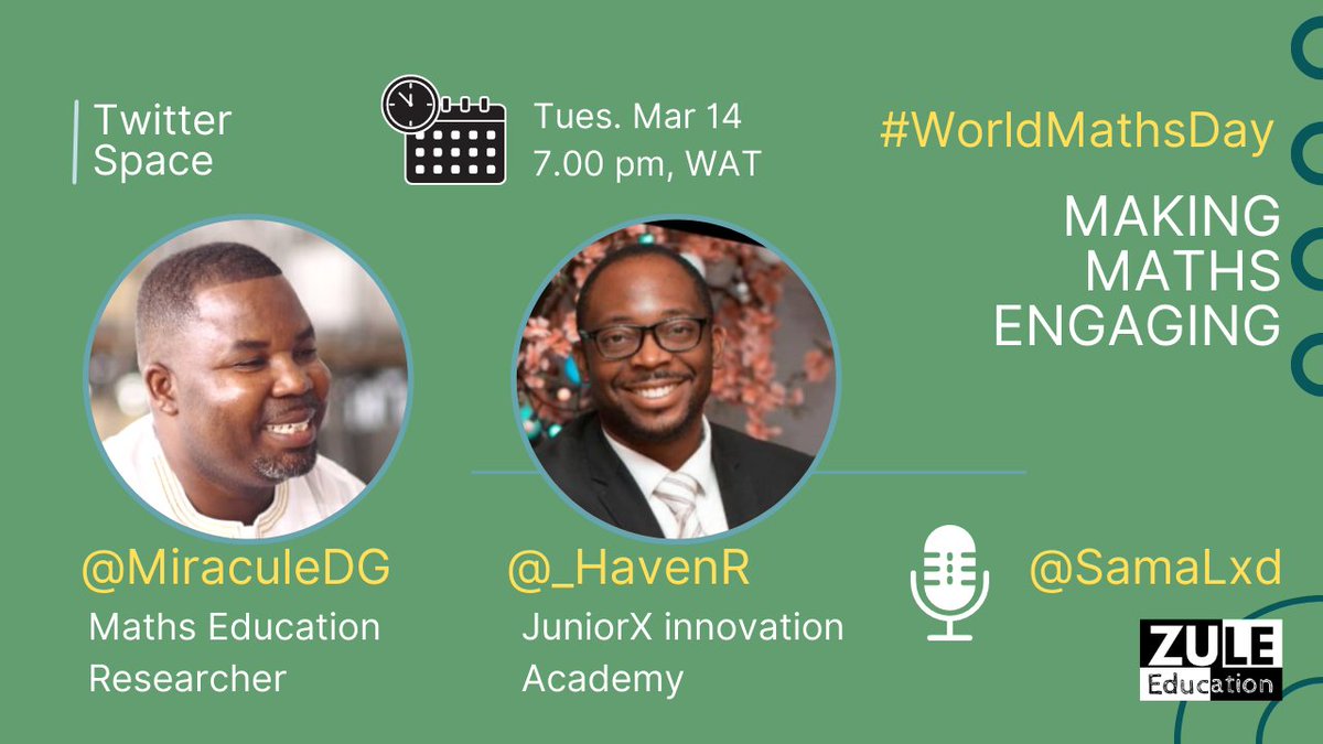 hello👋🏾how do we increase students' engagement in maths? this question matters and we're exploring it with <a href="/MiraculeDG/">🇬🇭Miracule🇬🇧</a> and <a href="/_HavenR/">Declan Rice & Stew</a> 🧠💯 join the convo with your experiences or thoughts.  7 pm 

Link to join x.com/i/spaces/1BdGY… #internationaldayofmathematics