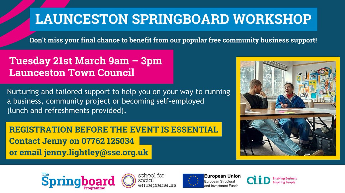 📢Catch the Springboard programme before it comes to an end with this day long workshop 📢

Join our amazing facilitators &amp; a supportive group of peers to talk through ideas &amp; develop the skills needed to start your own social enterprise 🚀🚀

#schsocent #cornwallbusiness