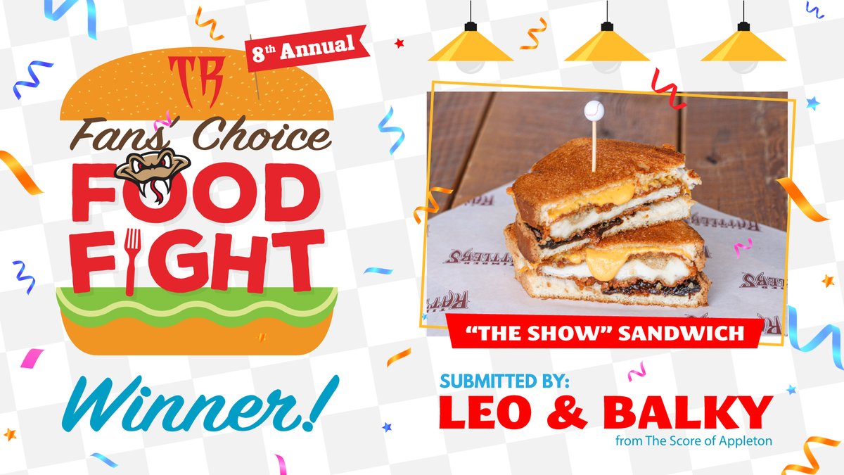 TimberRattlers's tweet photo. Winner is "The Show" Sandwhich ⚾ Fried chicken breast topped with melted Wisconsin cheddar cheese and a sweet & savory bacon cherry jam served on grilled sourdough bread. Submitted by the hosts of The Show with Leo & Balky on The Score of Appleton!
📝 https://t.co/uv446tyAA0 https://t.co/Nl2T810vkj