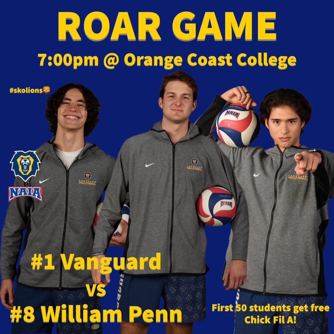 VanguardMVB's tweet photo. 🦁Your Lions are ready to ROAR🦁

🏐: #1 Vanguard vs #8 William Penn
📍: Orange Coast College 
⌚️: 7:00pm
📺: https://t.co/UQnOB4Nub3
📊: https://t.co/AWZ0DKAcQY https://t.co/5pBXtXZBBx