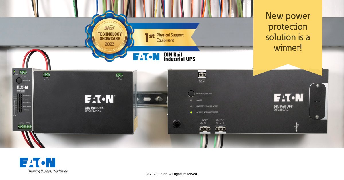 ETN_Electrical's tweet image. Have you seen our latest award-winning solution? Our new DIN Rail Industrial #UPS captured 1st place for physical support equipment in the @BICSI 2023 Technology Showcase! Learn more now: eaton.works/3FlocaE #EatonGetsIT #PowerProtection