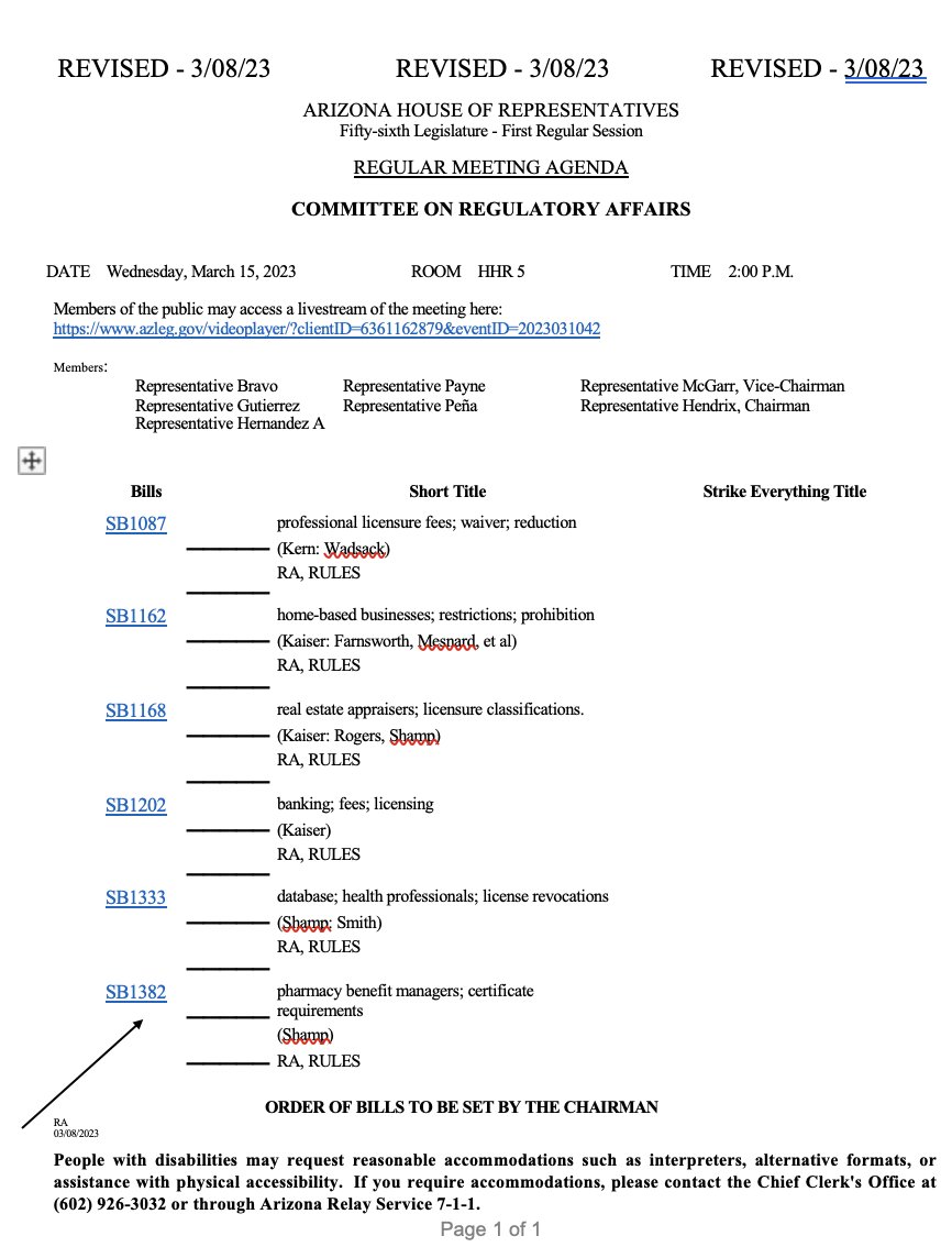 AzCities's tweet image. SB1162 Bill Language 👉 bit.ly/3mMiubj
🎬How you can take action: 
Attend the Committee Hearing and express your concerns. Agenda 👇
📨Email the House Regulatory Affairs Committee to express your concerns👇