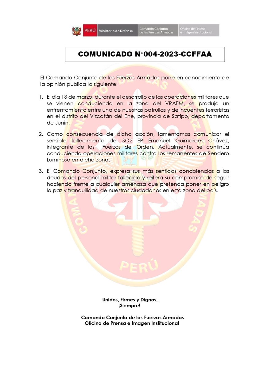 CCFFAA_PERU's tweet photo. COMUNICADO N°004-2023-CCFFAA
El Comando Conjunto de las Fuerzas Armadas pone en conocimiento de la opinión publica lo siguiente:

@EjercitoPeru @naval_peru @fapperu @PoliciaPeru https://t.co/yLlabZNDDb