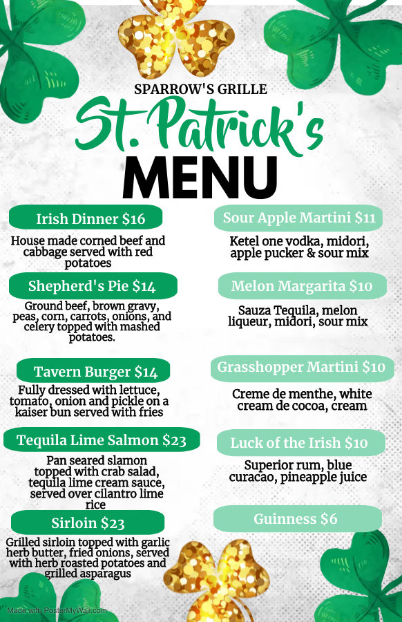 Join  us for St. Patrick's day! Call to make a reservation 386-738-6000