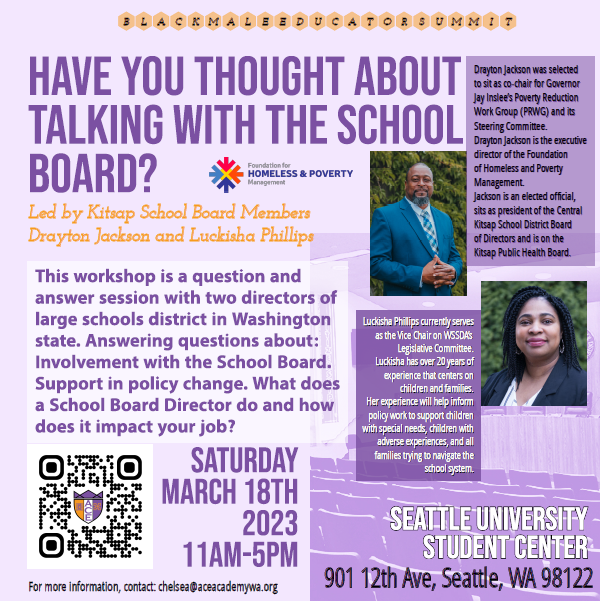 FHPM3's tweet photo. PLAN TO JOIN US THIS SATURDAY!
Washingtonians! Meet School Board Members Drayton Jackson and Luckisha Phillips this Saturday in Seattle. Learn about the role of a School Board Director and other educational topics.  #washington #waschoolboard #schoolboarddirector #waeducation https://t.co/gaAUSaGZjX