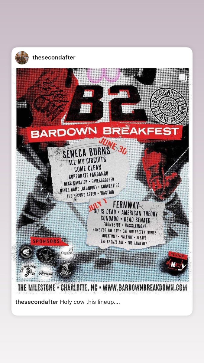 Holy cow this lineup….

#ridiculous #family #northcarolina #charlottenc #fun #bardownbreakdown #bardownbreakfast #poppunk #emo #elderemo #hockey #revivalrecordings #themilestone #clt #charlotte #nhl #tigerclawbooking 

📸: <a href="/gingymayne/">Austin Spruill</a>