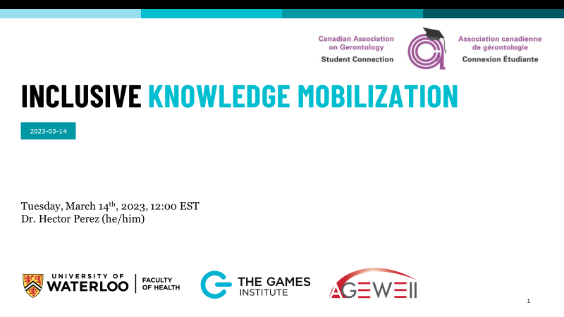 Really enjoyed the opportunity to speak about Inclusive #KnowledgeMobilization at today's @SC_CAG's session.   
 
I'm grateful to my supervisors for their support and mentorship @lililiu_ca @tonymiguel2 

🙏🏼🙏🏼@GamesInstitute and @AGEWELL_NCE  
#Equity #Diversity #Inclusion