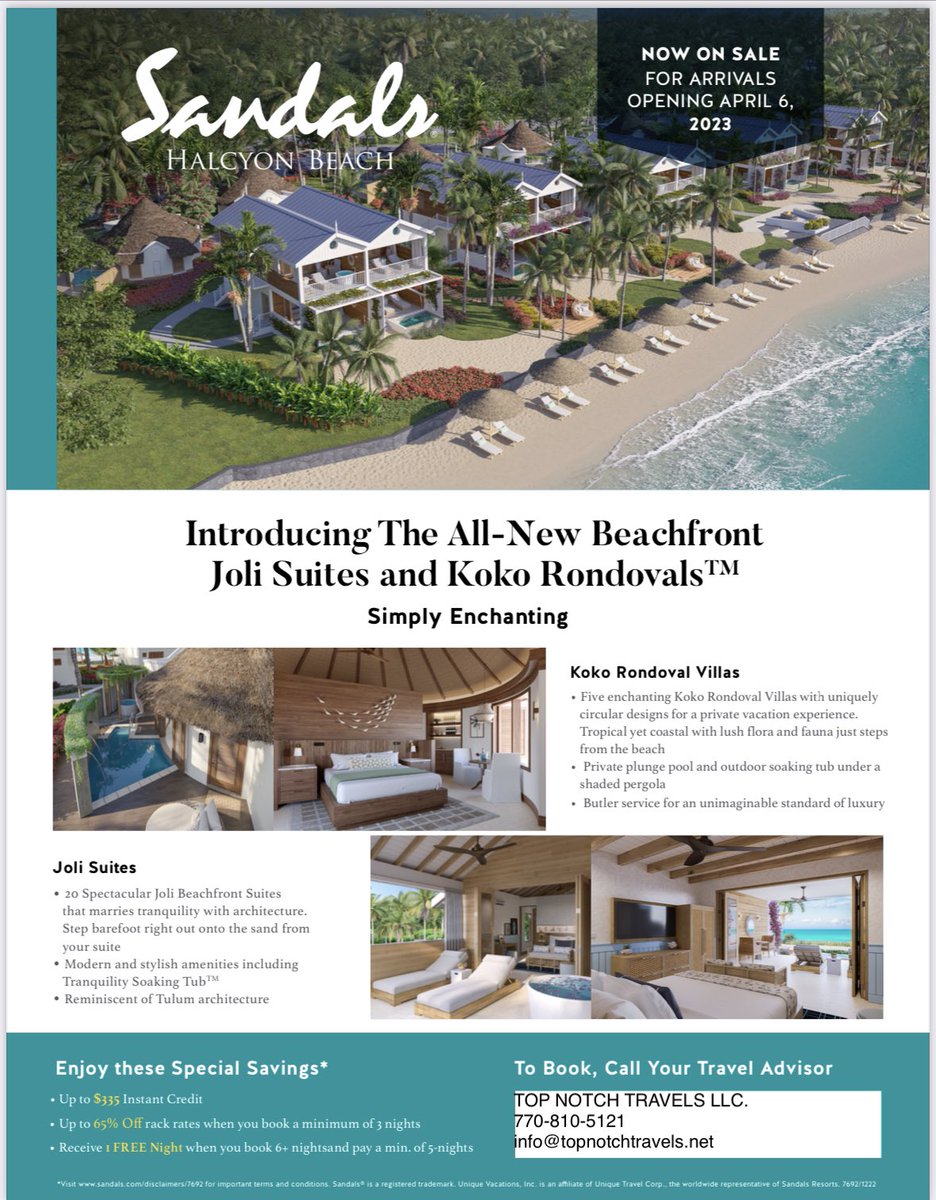 Experience paradise in the lap of luxury with Sandals Halcyon Beach's new beachfront Joli Suites and Koko Rondoval Villas! Up to 65% off and up to $335 instant credit. Plus, you receive 1 night free when you book 6+ Nights!
#topnotchtravels #SandalsResorts #SandalsHalcyonBeach