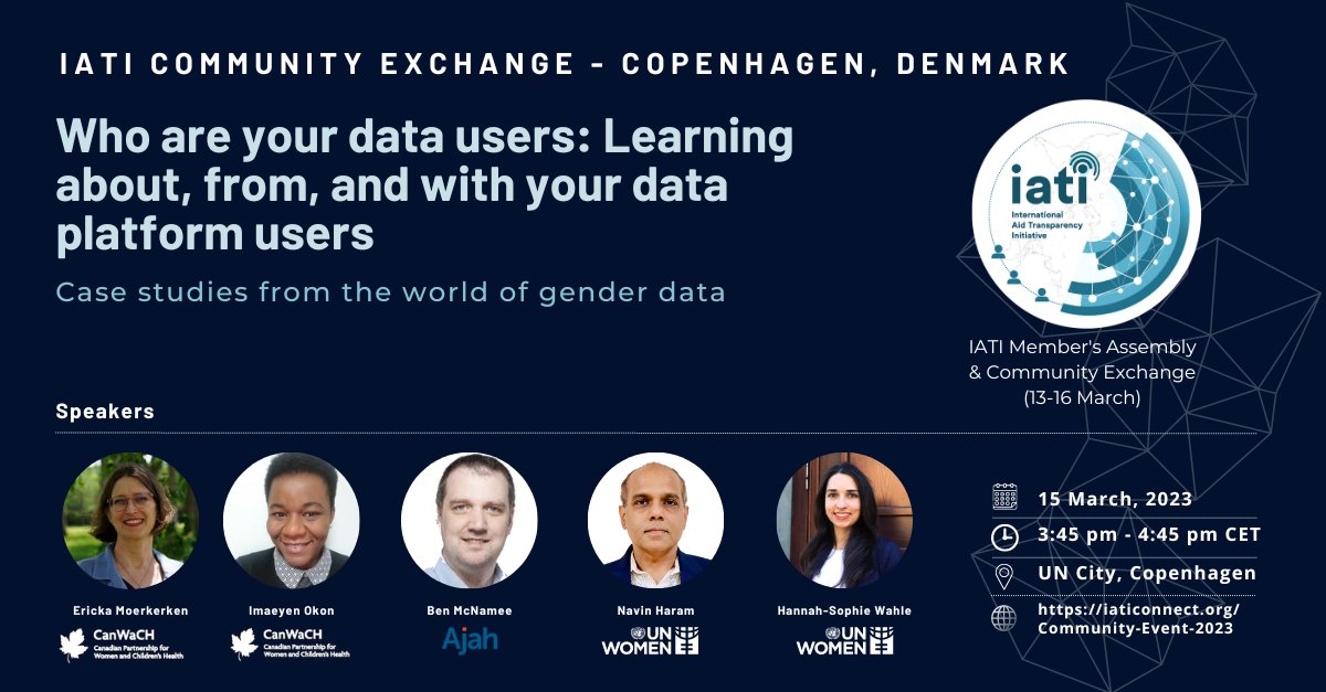 CanWaCH is in Copenhagen this week for #iatiMA23! 

Check out our session on March 15, ‘Learning about, from, and with your data platform users, case studies from the world of gender data’, co-hosted with @team_ajah and <a href="/UN_Women/">UN Women</a>: bit.ly/3LnWnlL

| <a href="/IATI_aid/">IATI</a> #IATI