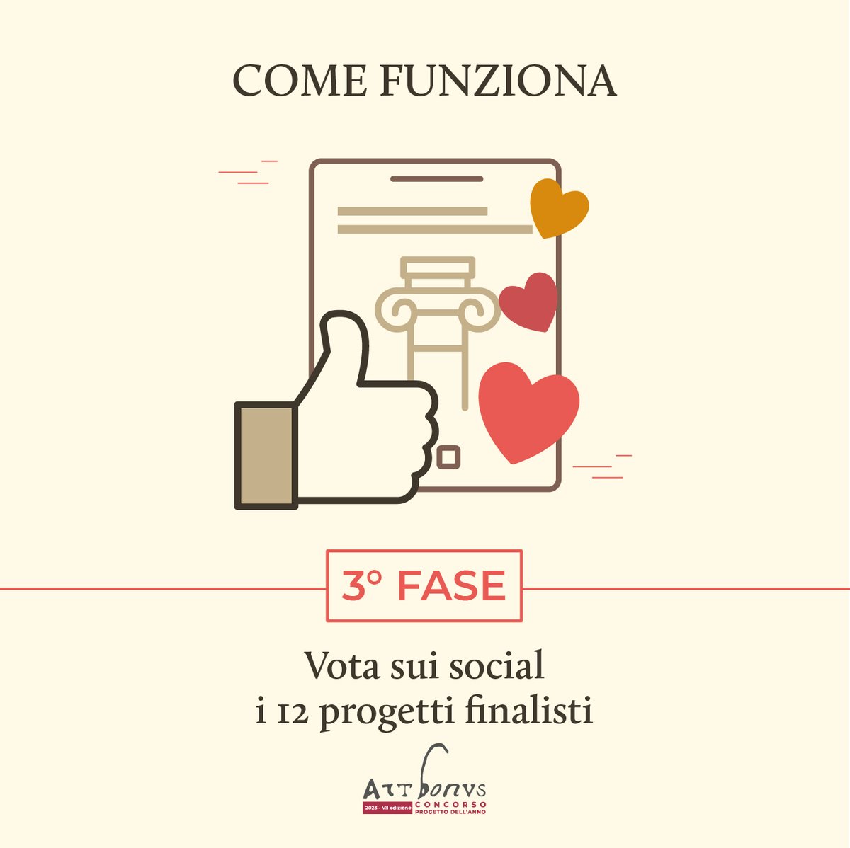 𝗦𝗜𝗔𝗠𝗢 𝗔𝗥𝗥𝗜𝗩𝗔𝗧𝗜 𝗔𝗟𝗟𝗔 𝗙𝗜𝗡𝗔𝗟𝗘 del #ConcorsoArtBonus2023!  
Domani, dalle ore 12, inizia la fase 3 del concorso: si potranno votare i progetti rimasti in gara a suon di like sui profili Facebook e Instagram di #ArtBonus. Scoprite di più >bit.ly/RegolamentoCon…