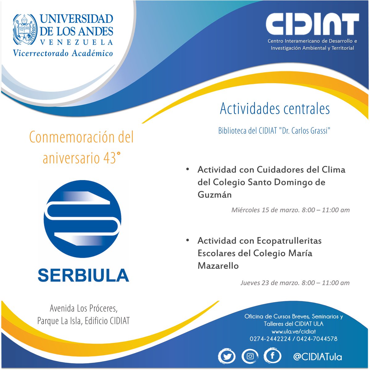 Los invitamos a participar en las actividades de conmemoración del Aniversario 43 de la Dependencia hermana <a href="/serbiula/">SERBIULA</a>, desde nuestra  Biblioteca "Dr. Carlos Grassi". <a href="/PrensaULA/">Noticias Prensa ULA Cuenta Oficial</a> <a href="/CDCHTA/">CDCHTA ULA</a> <a href="/RosenzweigLevy/">RosenzweigLevy</a>