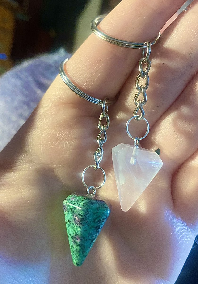 Just added a plethora of new pendulum keychains to the shop! 💫 💎✨ 

On the menu is:
💙 Blue Howlite 
💚 Faux Malachite
💜 Green &amp; Purple Fluorite 
🤍 Clear Quartz 
💜 Purple Howlite 
🤎 Mocha Jasper 
🖤 Mahogany Obsidian 

$7 each + FREE shipping 😍