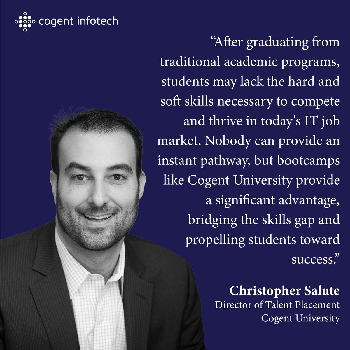 cogentinfo's tweet image. Christopher Salute shares his thoughts on how Cogent University helps students and early professionals upskill & enter the IT industry.
Learn more: ow.ly/tPUp50Ni80w
#career #reskill #javabootcamp #codingambitions #fullstackdeveloper #dataanalytics #datascience
