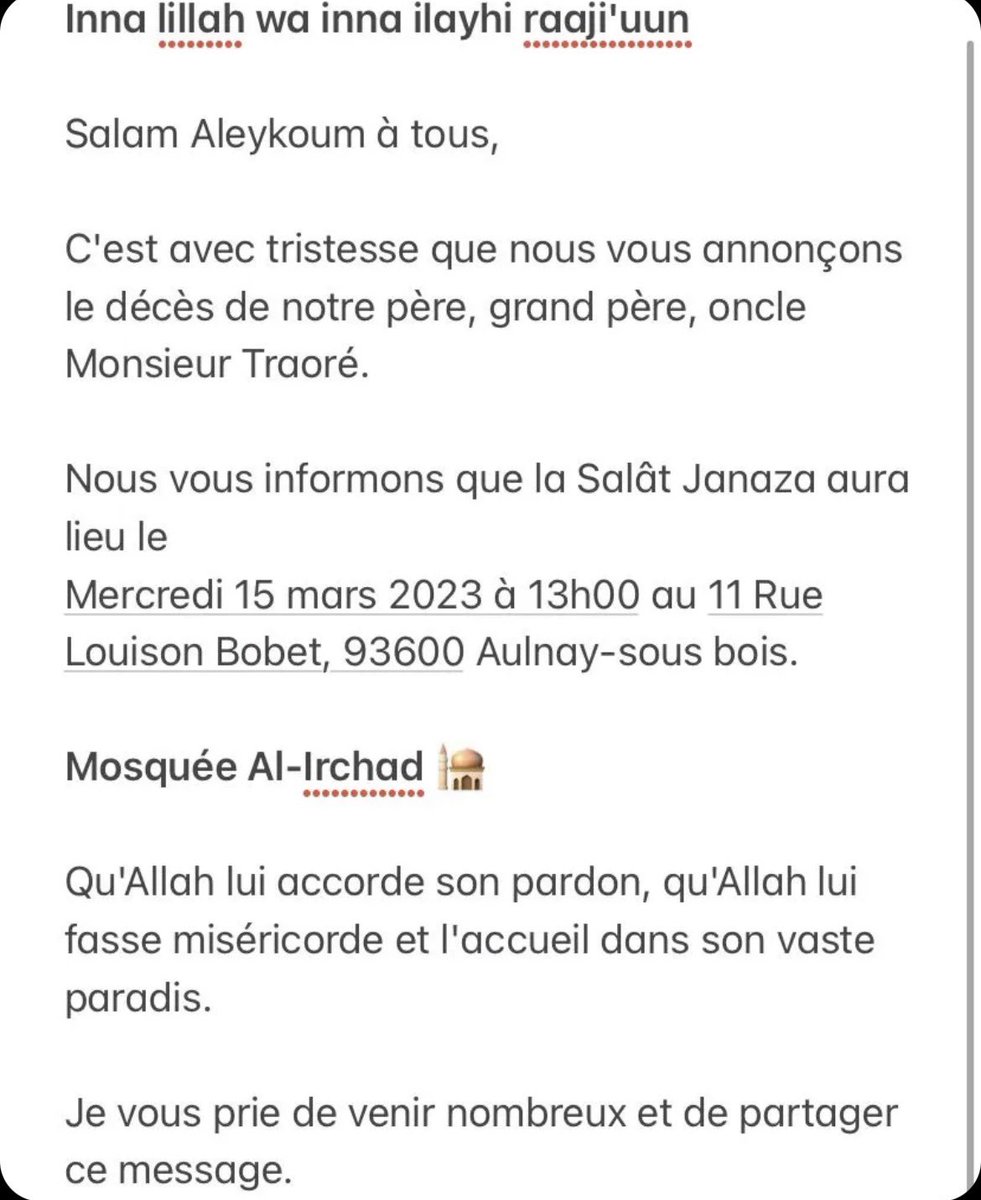 mansa_sakura's tweet photo. Salat Janaza à la mosquée de Aulnay demain le 15 mars inshaAllah. Il s’agit de mon grand père si vous pouvez Partager svp. https://t.co/oAK0B0djYj