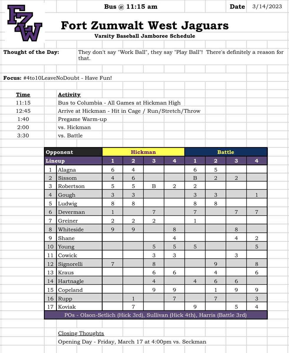 Jamboree at Hickman!!
vs. Hickman 2pm
vs. Battle 3:30pm
#4to10LeaveNoDoubt
#A3P
#EveryABGrindItOut
