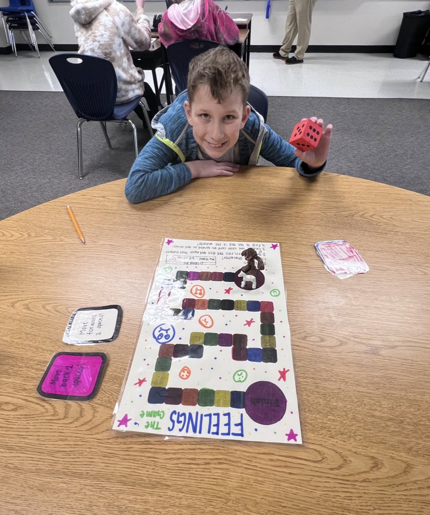 Colleen_Hume1's tweet photo. Now introducing - Feelings: The Game!So proud of this kiddo for letting his #TMgenuis shine and coming up with a hands-on (and fun) way to talk about our feelings and different strategies we can use in certain situations 🤩 https://t.co/glOXyLx1Ts