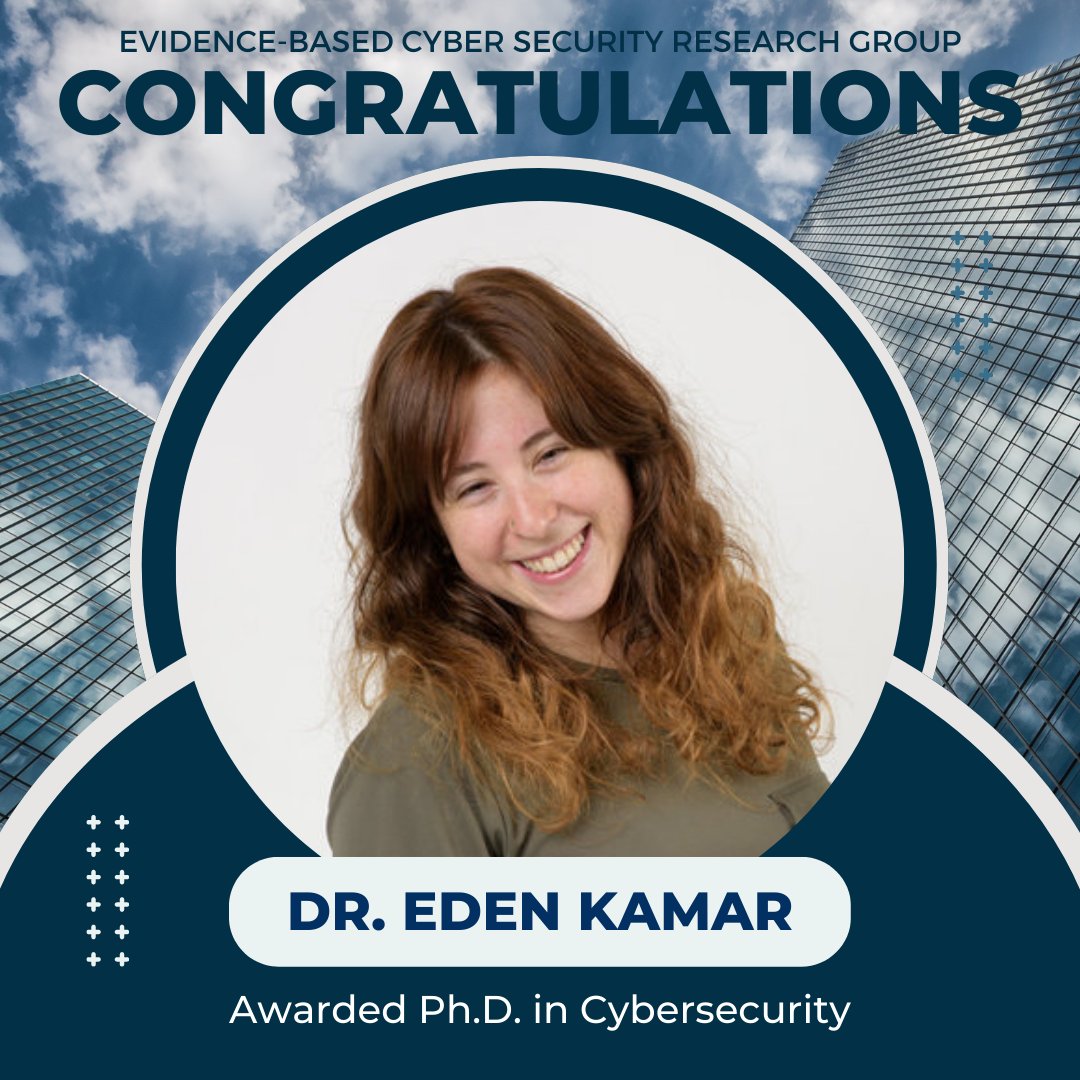 Congratulations to Evidence-Based Cybersecurity Research Group partner Dr. @EdenKamar! Eden has completed her Ph.D. program and has been awarded her #doctoratedegree in #cybersecurity from The Hebrew University of Jerusalem! Congratulations Eden! We are so proud of you!