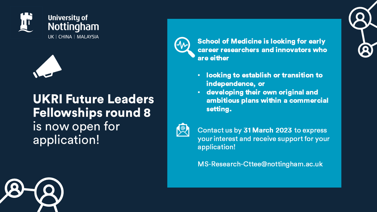 Uni of Nottingham School of Medicine #WeAreUoN (@medicineuon) on Twitter photo Calling for aspiring leaders in research and innovation! 📢 UKRI Future Leaders Fellowships round 8 is now open! 💡 Contact us to express your interest and receive support to develop your applications: MS-Research-Cttee@nottingham.ac.uk. Find out more: bit.ly/3YNzVFJ Calling for aspiring leaders in research and innovation! 📢 UKRI Future Leaders Fellowships round 8 is now open! 💡 Contact us to express your interest and receive support to develop your applications: MS-Research-Cttee@nottingham.ac.uk. Find out more: bit.ly/3YNzVFJ