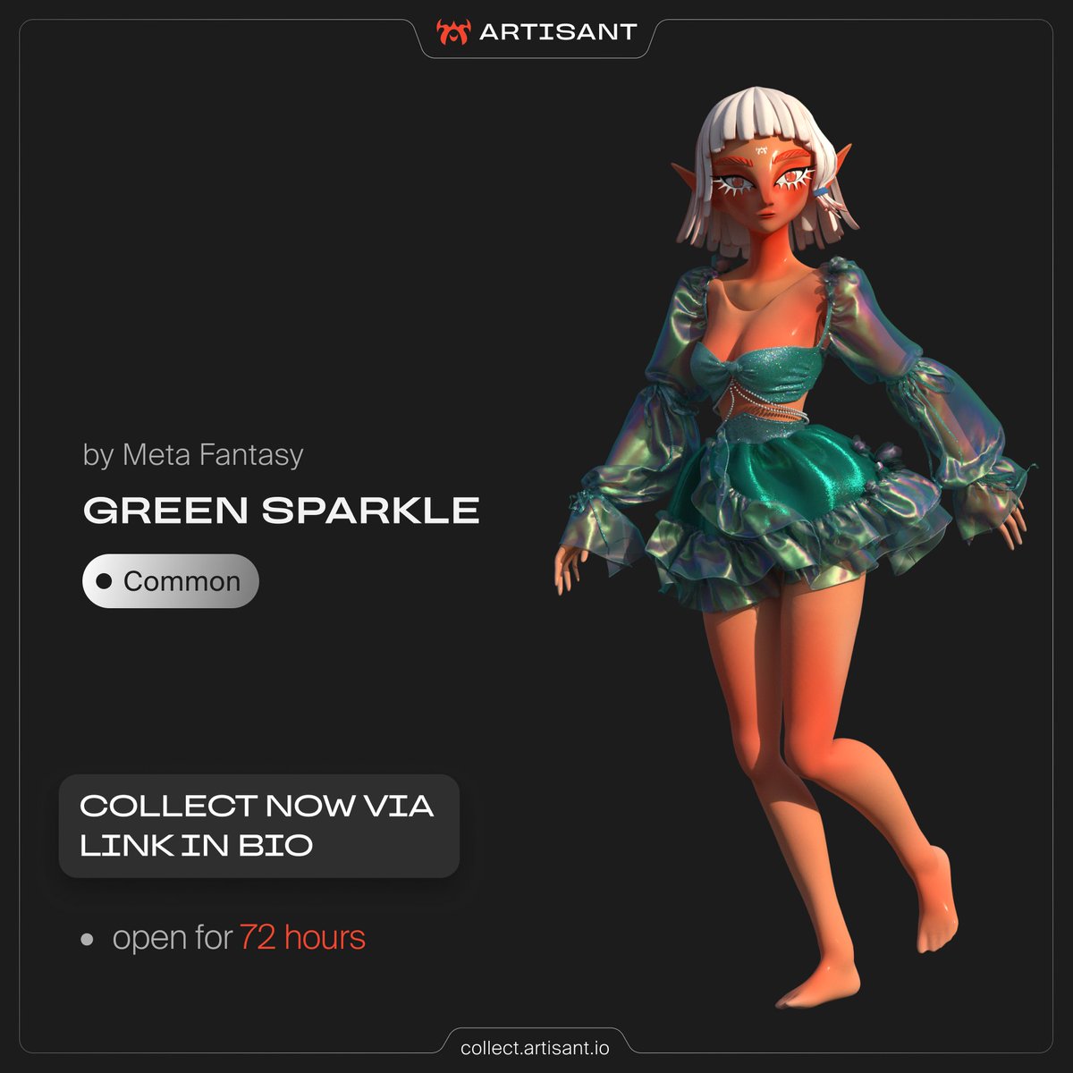 🍀 Green Sparkle by <a href="/metafantasyclo/">Meta Fantasy 🦋</a> 

This elegant dress, crafted from organza and glitter fabric, catches the eye with its emerald hue and sparkling shimmer. 

The weightless semi-transparent sleeves &amp; ruffles sway gently in the wind. 

Rarity: Common

collect.artisant.io/products/136-g…