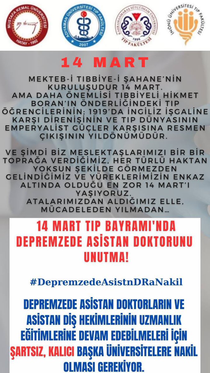 Puan şartı gözetmeksizin güvende hissettiğimiz hastanelerde eğitime devam edebilmeliyiz. Bizler memur değiliz, uzmanlık öğrencisiyiz. 
#DepremzedeAsistnDRaNakil
#14MartTıpBayramı
<a href="/HekimGundemi/">doktorlarsitesi - Tıp & Sağlık Gündemi</a>
@dahiliyedoktoru
<a href="/ativittta/">Atilla Uslu</a>
<a href="/drfaithdz/">fatih düz</a>
<a href="/hekimsen/">Hekimsen</a>
<a href="/Tabip_Sen/">TABİP-SEN</a>
<a href="/hekim_birligi/">Hekim Birliği</a>
<a href="/14mtd/">14 Mart Tıbbiyeliler Derneği</a>