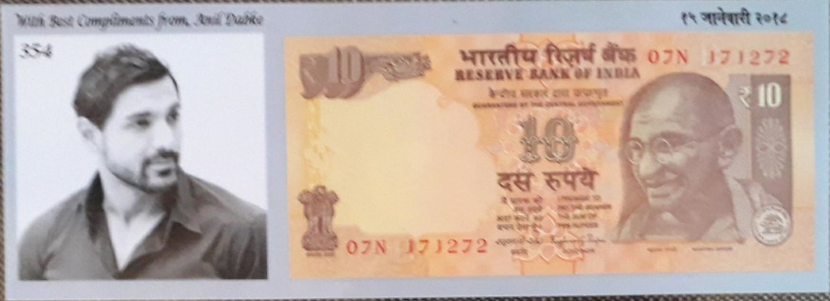 amitdabke's tweet photo. @TheJohnAbraham - My dad has a unique hobby of collecting indian currency notes &amp; gift it to the person who's Date of Birth Matches. So same way he has found your note &amp; he wants to gift it to you personally. So i will appreciate if you look into it personally &amp; get this note. https://t.co/9xQQT81unL