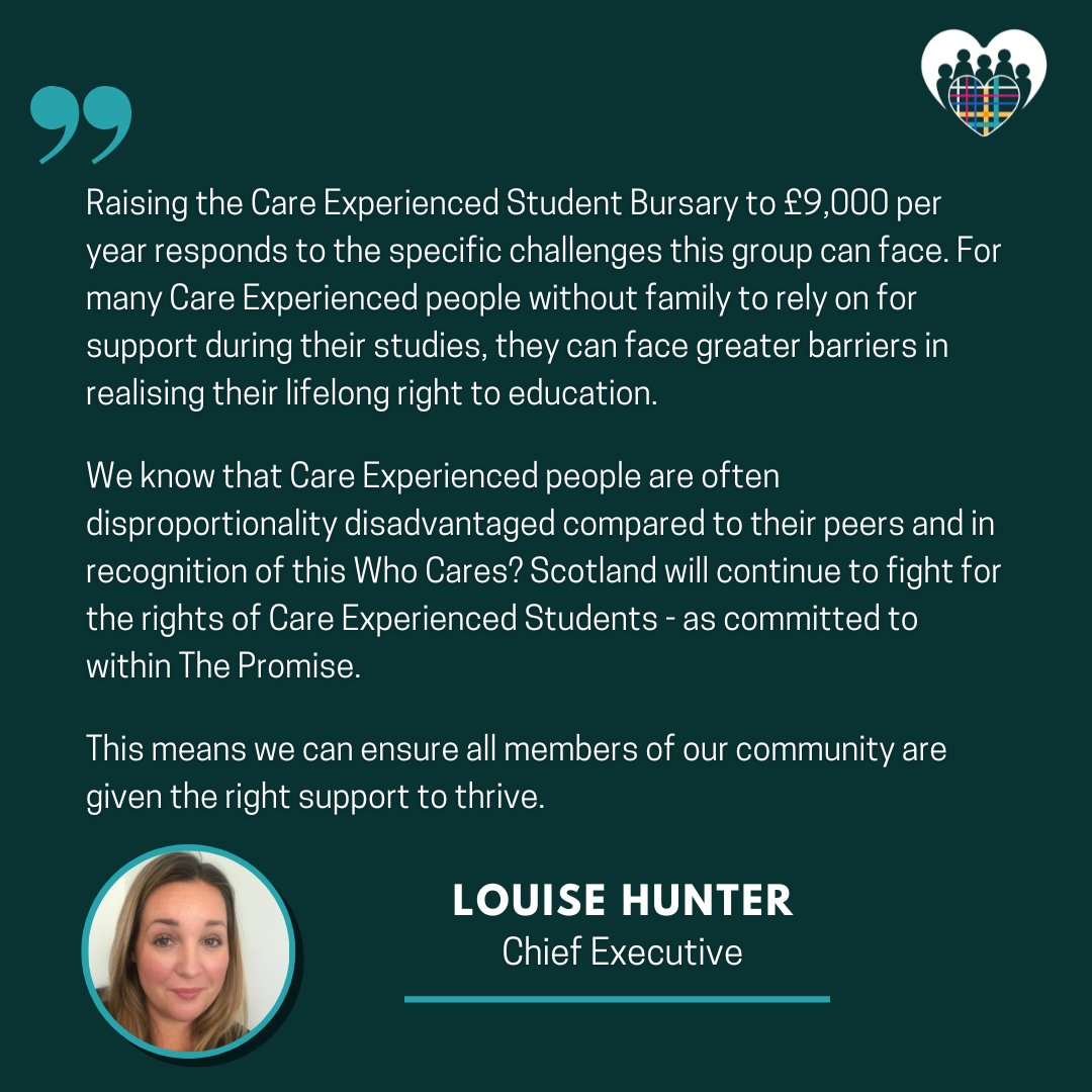 whocaresscot's tweet photo. Today the @ScotGov announced more financial support for undergraduate students which includes raising the Care Experienced Student Bursary to £9,000 per year. This will go towards helping address the specific challenges these students face during their time in further education. https://t.co/fcf7cyQK3T