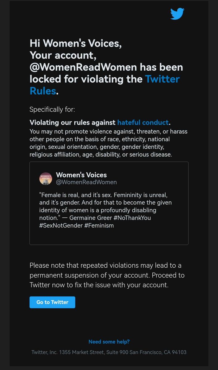 .@WomenReadWomen locked for suggesting

'women are real & they should not defined by femininity'

'Hateful conduct', according to @Twitter 😳

This says more about how Twitter reduces women to a set of stereotypes than anything else
#Patriarchy
#GenderStereotypes
#GenderIsHarmful