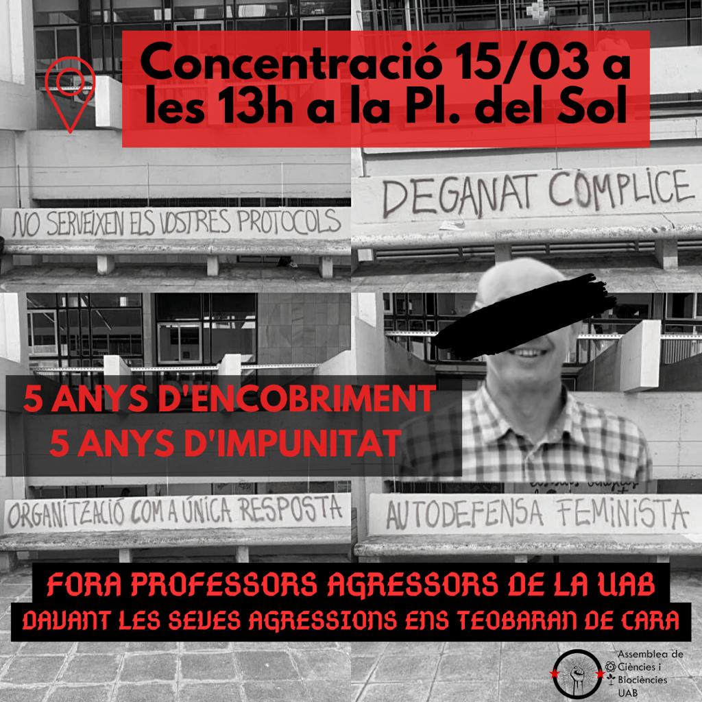 🟣Avui ha sortit a la llum un cas d’agressió masclista a la nostra facultat.

🗣️Fem una convocatòria demà dimecres a les 13h a la Pl. del Sol (davant Facultat Ciències), per mostrar el nostre rebuig enfront l’agressor, els protocols inefectius i l’encobriment per part de Deganat.