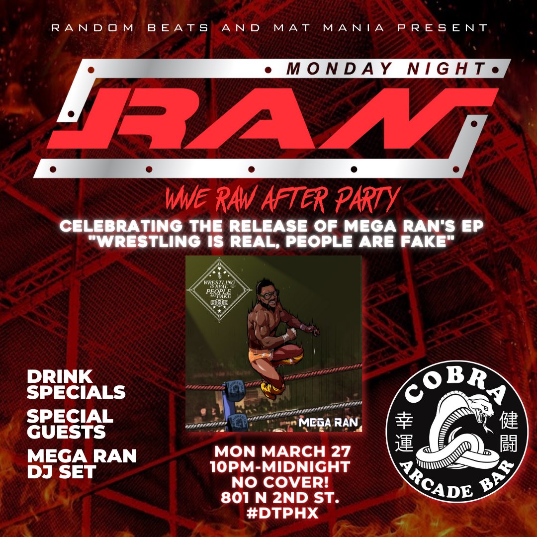 OH! and our release party is going down MONDAY March 27 at <a href="/CobraArcadeBar/">Cobra Arcade Bar</a> right after #WWERAW in Phx! free admission but hit this link for vip perks. universe.com/events/mega-ra…