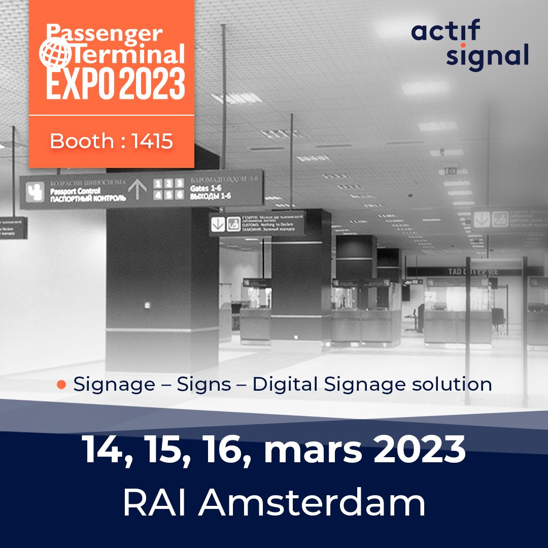 Visit us at Passenger Terminal Expo in Amsterdam. 14, 15, 16, mars 2023 RAI Amsterdam
#Signage #Signs #Digital #Signagesolution #PTExpoConf #actifsignal
actif-signal.fr