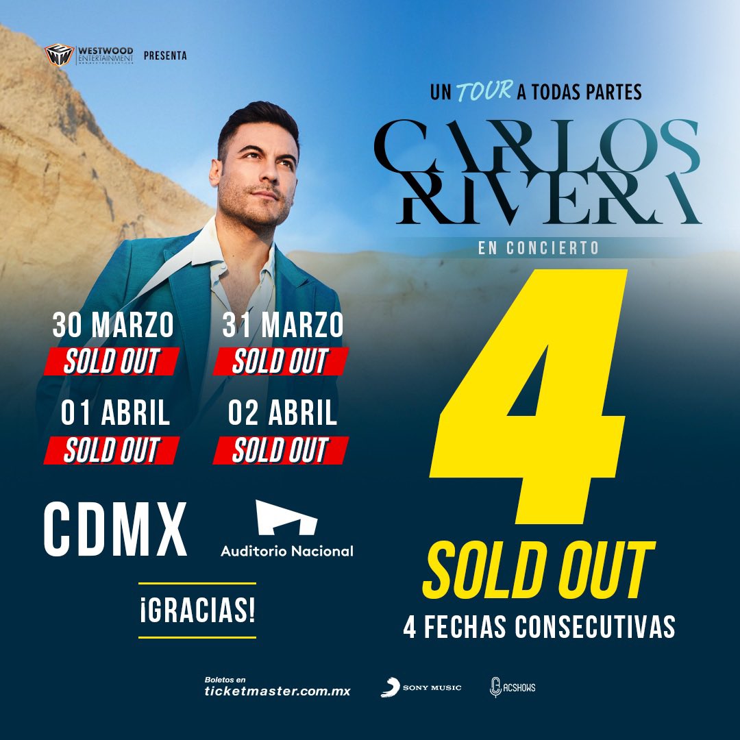 _CarlosRivera's tweet photo. Aún no comienza #UnTourATodasPartes y ya podemos anunciar los 4 SoldOut consecutivos en el @AuditorioMx y sumamos 17 en este recinto. Gracias con mi corazón a todos por tanto amor a mi música. Gracias a Dios por sus bendiciones. Estamos listos para despegar. ¡Agárrense fuerte! ✈️ https://t.co/SDq6hL3pBY