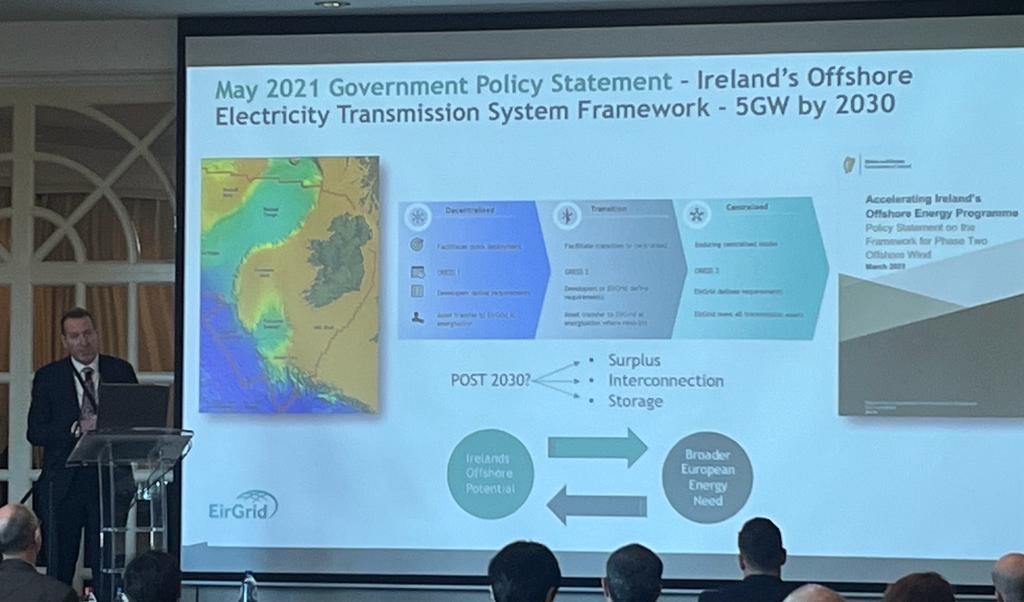 EirGrid's tweet photo. At Offshore Transmission Conference, Michael Mahon updates on @eirgrid’s work to deliver on @Dept_ECC @merrionstreet’s offshore renewables ambition. Also, we welcomed the opportunity to update and discuss progress with @energy4europe’s Joachim Balke https://t.co/AHLS2rcN79