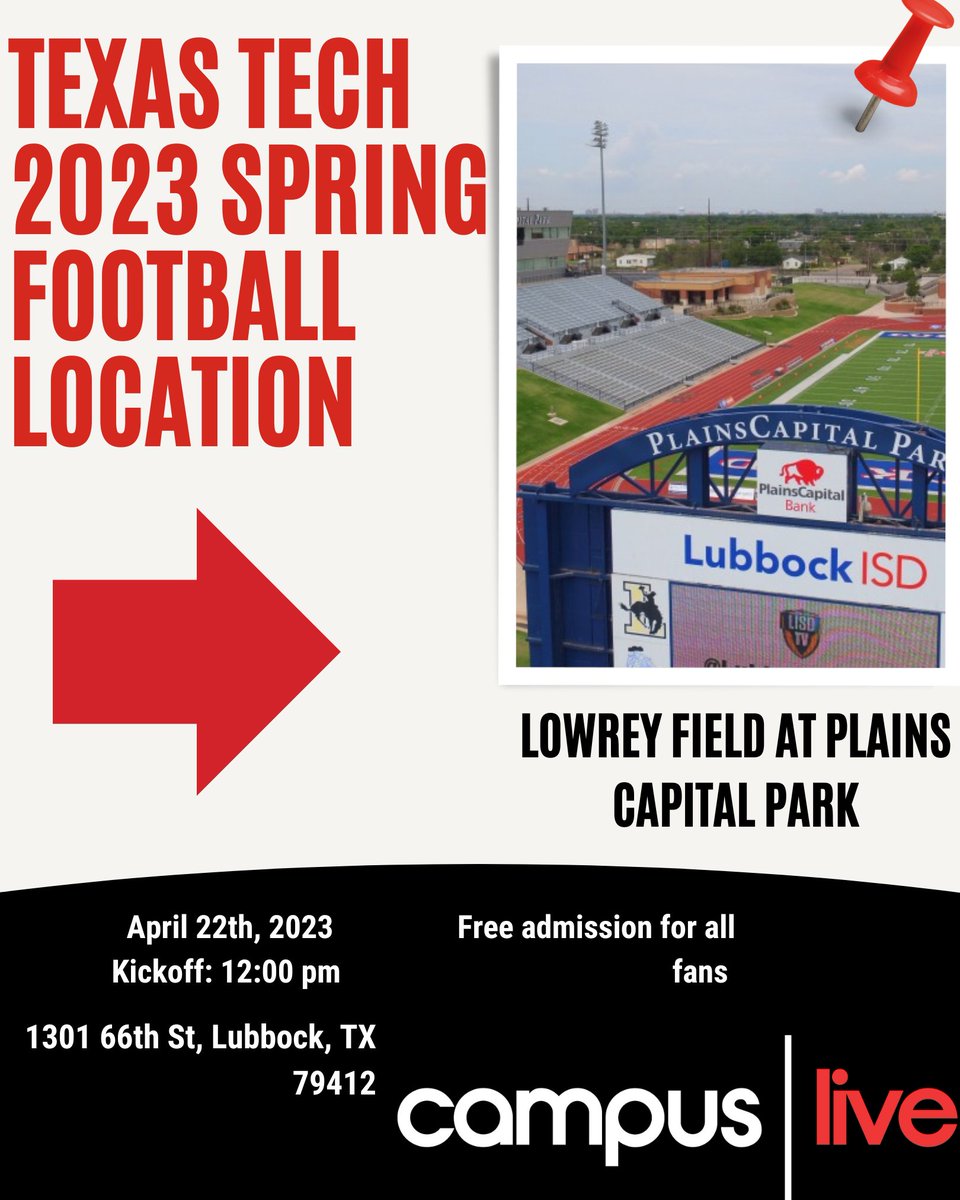 CampusLiveTTU's tweet photo. Due to the construction going on at Jones AT&T Stadium, the 2023 Spring football game will be moved to Lowrey Field at Plains Capital Park! #ttu #redraiders #wreckem #football #springfootball #ttulive https://t.co/TqkX1OiANR