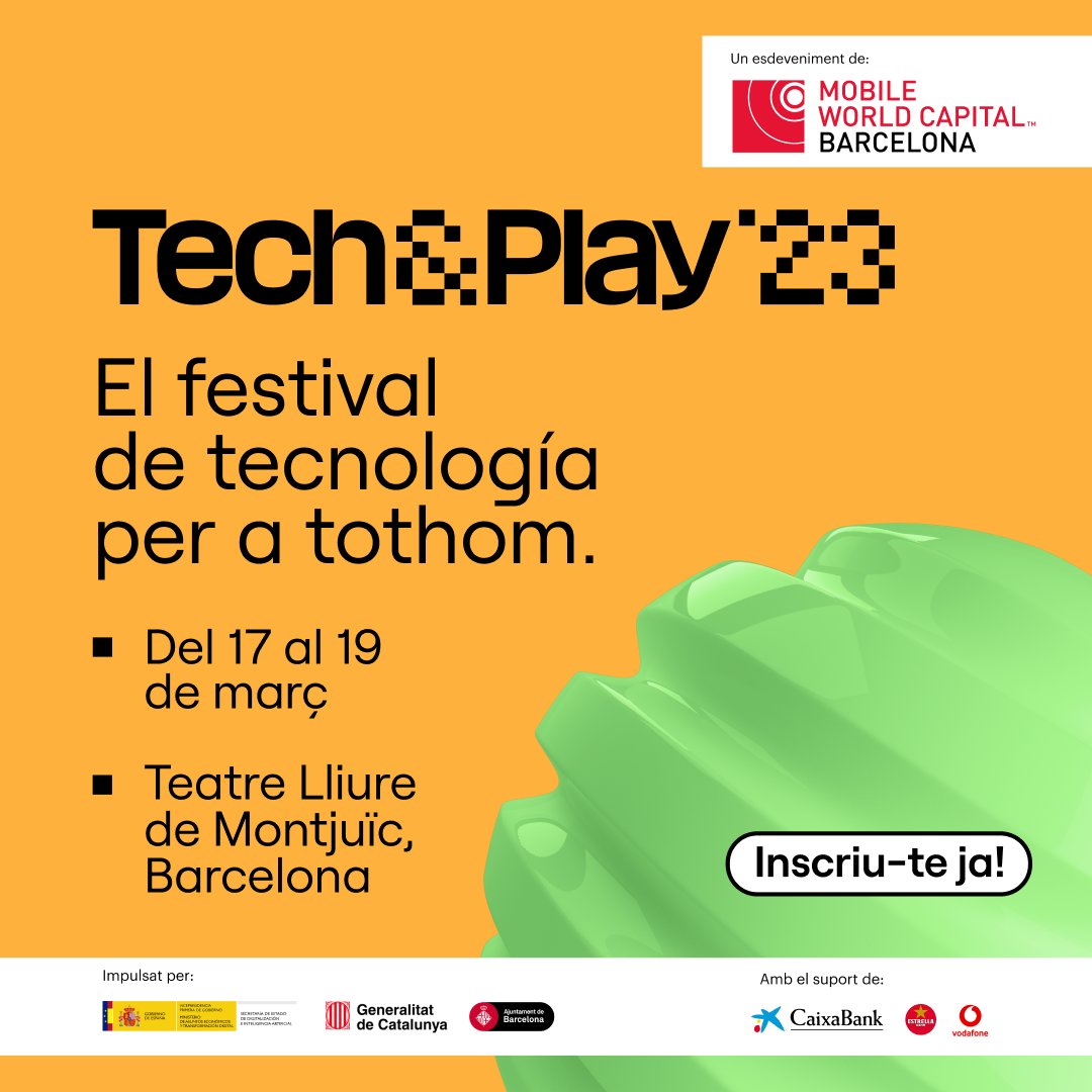 C_Tecnologic's tweet photo. No et perdis la primera edició de #TechAndPlay23! Un festival de @mwcbarcelona on descobriràs les últimes innovacions en tecnologia.

Del 17 al 19 de març al Teatre Lliure de Montjuïc. 
Inscriu-t'hi 👉 https://t.co/iM4uHDUd2g https://t.co/EaHKagzcd2