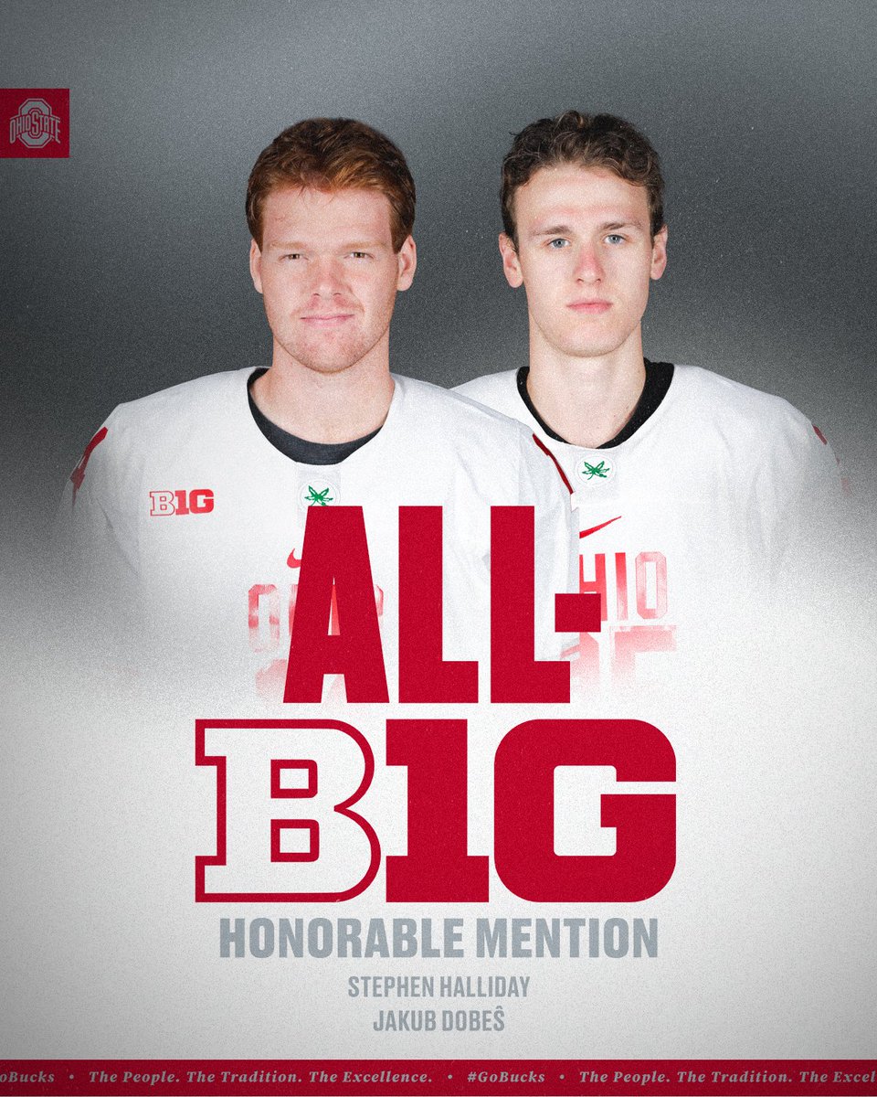 OhioStateMHKY's tweet photo. Congrats to the 𝘼𝙡𝙡-𝘽𝙞𝙜 𝙏𝙚𝙣 𝘽𝙪𝙘𝙠𝙚𝙮𝙚𝙨❗️

🌰 Mason Lohrei
🌰 Jake Wise
🌰 Jakub Dobeš
🌰 Stephen Halliday

📰 https://t.co/2tN2XURjXk

#GoBucks #B1GHockey 
@Mason_lohrei20 @wisey871 @S_Halliday77 @Lil_Doby44 https://t.co/zSIamKOja3