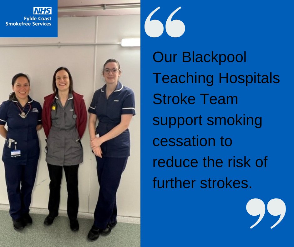 smokefreeBPL's tweet photo. Our stroke team at @BlackpoolHosp gives continued support to stop smoking services. After a stroke or a transient ischaemic attack (TIA or mini-stroke), one of the first pieces of advice given to smokers is to quit smoking. To find out more 👉https://t.co/l7cqqC12pf https://t.co/IgvQZOpynl