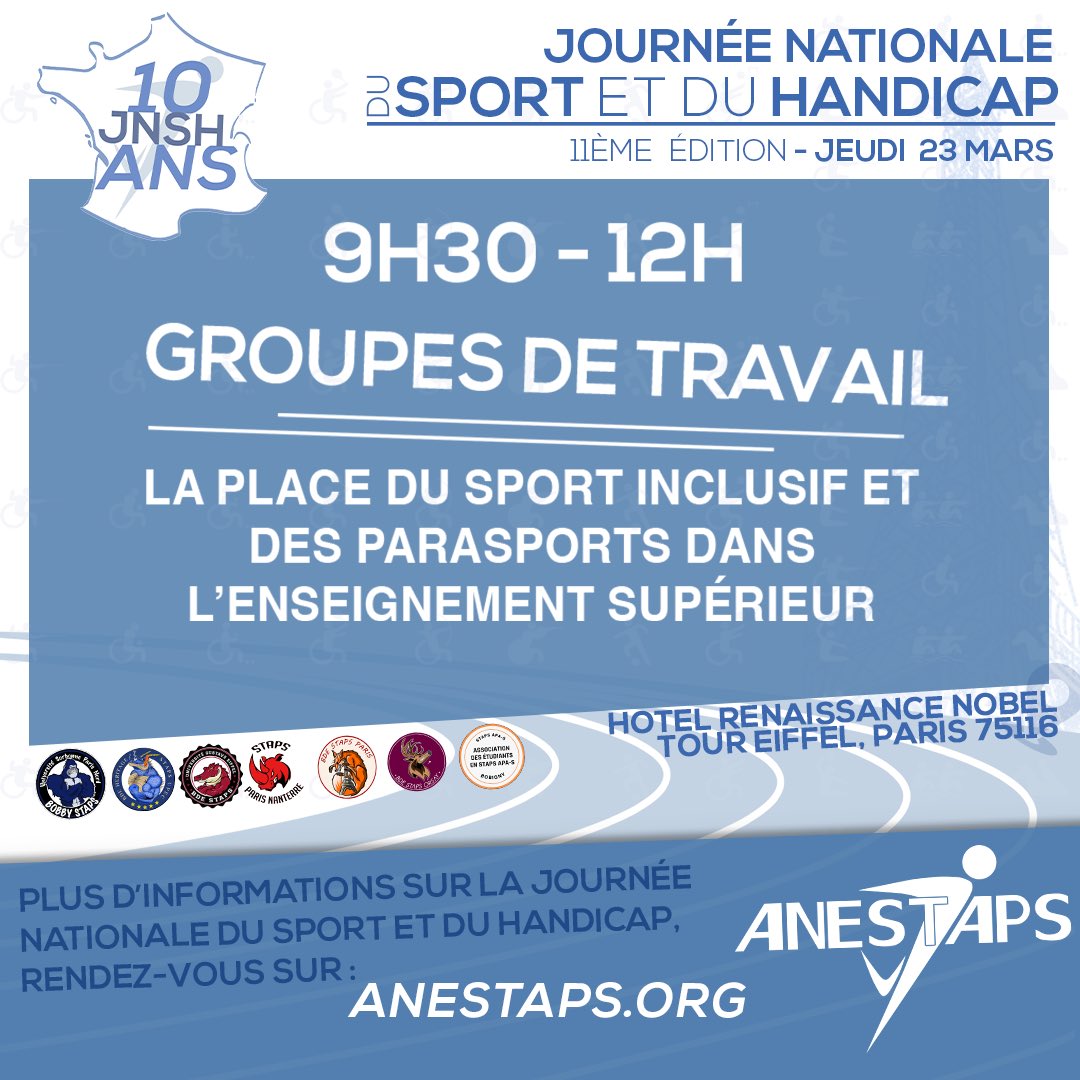 JNSHandicap's tweet photo. [#JNSH2023🦾]

À l'occasion de la @JNSHandicap, l'@ANESTAPS mettra en place des groupes de travail sur la place du sport inclusif et des parasports dans l'enseignement supérieur

Pour participer : https://t.co/87wecdQT7T

🗓️RDV le 23 mars 2023❕
⌚️9h-12H
#SAVETHEDATE https://t.co/VrkbU85wc9