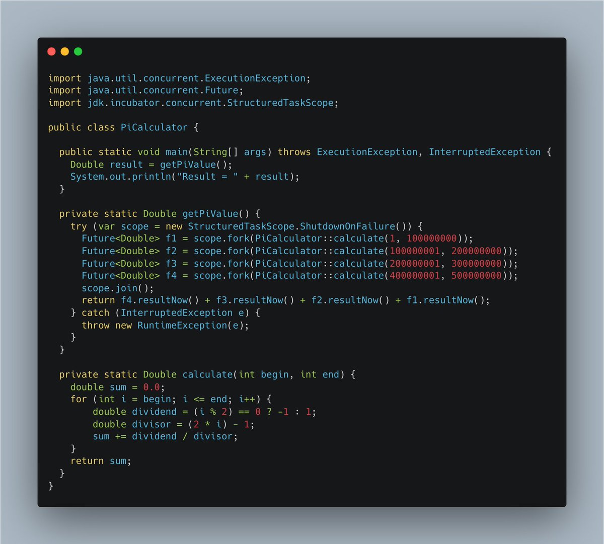 Igfasouza's tweet image. Happy #piDay2023
A nice example of #java20 Structured Concurrency!!!
Calculate the π number using the Leibniz series.
3.141592650755993