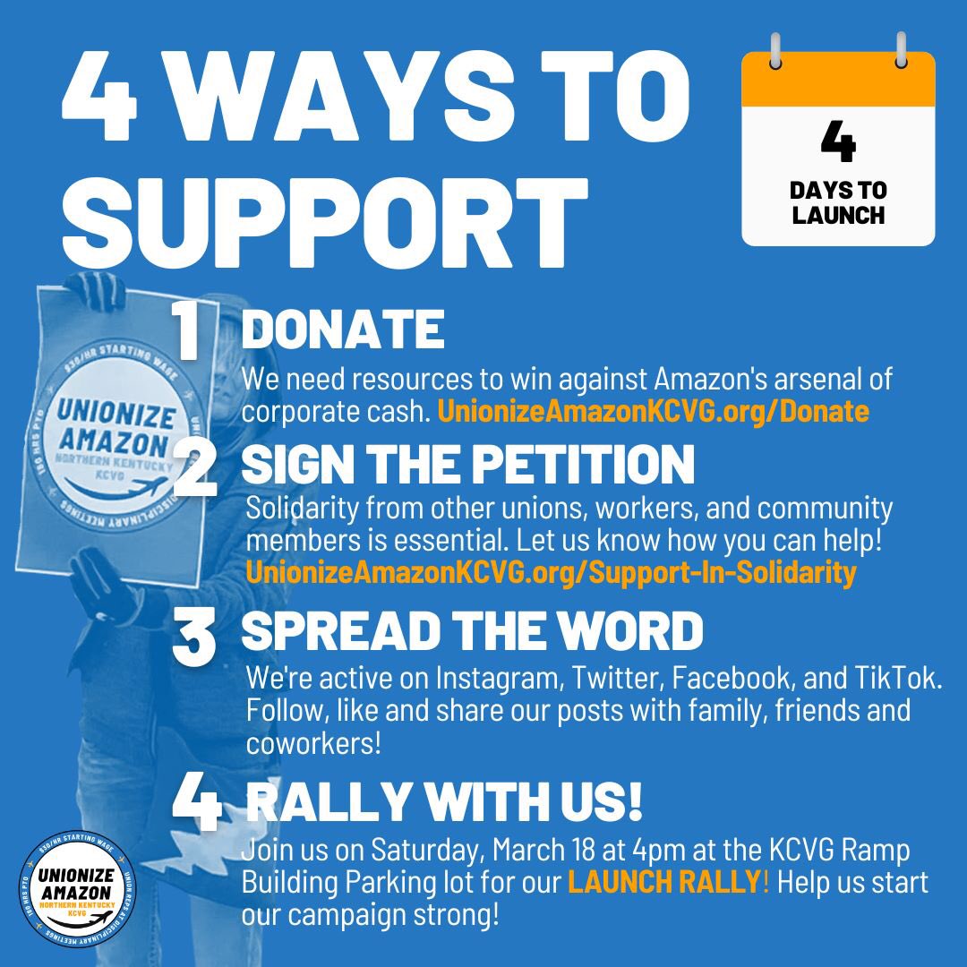 AmazonUnionKCVG's tweet photo. ⏲ The countdown continues! Not a KCVG worker? With 4 days til our launch rally, here are 4 ways you can show solidarity. A union win at Amazon's largest Air Hub would be a giant step forward to #UnionizeAmazonEverywhere! https://t.co/2JRl4etvFs