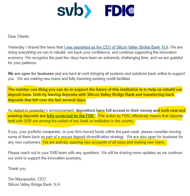 charliebilello's tweet photo. What's the safest bank/institution in the country?

Plot twist...

"This action by FDIC effectively means that deposits held with SVB are among the safest of any bank or institution in the country. We are actively opening new accounts of all sizes and making new loans." - SVB CEO https://t.co/3L2UOhlIKS