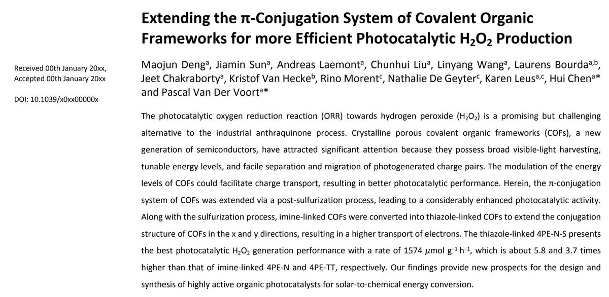COMOC_research's tweet image. Second paper on #photocatalytic #H2O2 production using #COF in one week. Hot topic with still much more to explore. Read this one in @green_rsc, in the special issue on the @isgc2022 conference.
Read it here: pubs.rsc.org/en/content/art…