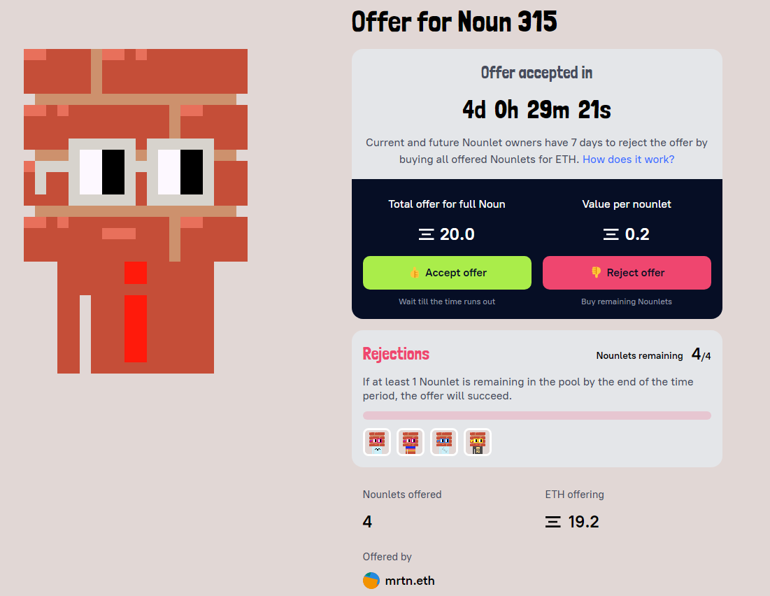 interesting to see a <a href="/nounletswtf/">nounlets ⌐◨-◨</a> buyout offer active right now 👀

little over 4 days until it goes through if the 4 nounlets aren't bought