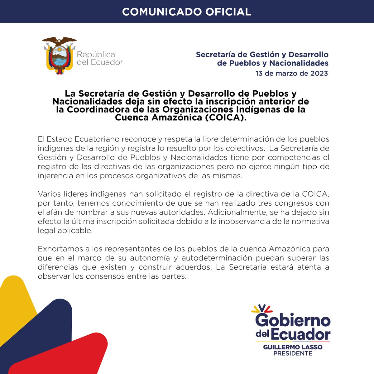 📢#Atención, Gobierno Ecuatoriano deja sin validez la Resolución que reconocía a @TuntiakKatan cómo Coord., Gral de la @coicaorg, 'Por irregularidades en el procedimiento de revisión de los requisitos estatutarios de la COICA' @Secretaria_PyN 

⚠️Conozca más a continuación👇🏿